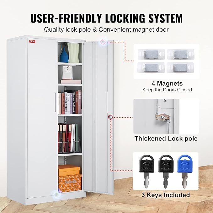 VEVOR Metal Storage Cabinet, Steel Locking Storage Cabinet with 2 Magnetic Doors and 4 Adjustable Shelves, 71'' Metal Cabinet 200 lbs Capacity per Shelf with 3 Keys, for Garage, Office, Home, White