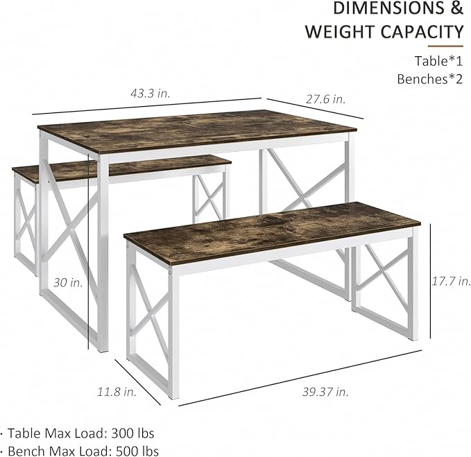 VECELO Kitchen Dining Table Benches Set for 4, 43.3" Wooden Dinette with 2 Benches, Heavy-Duty Dining Room Table for Small Space, Breakfast Nook, Dark Brown