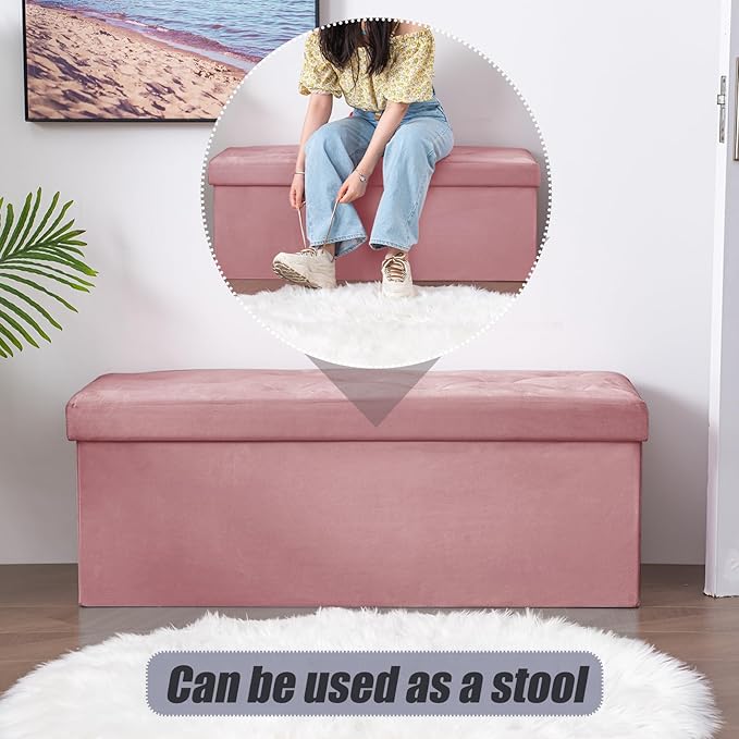 BRIAN & DANY 43 Inches Folding Storage Ottoman Bench, Velvet Ottoman with Storage for Living Room, Long Shoes Bench,Flannelette Footrest Benches Seat (Hot Pink)