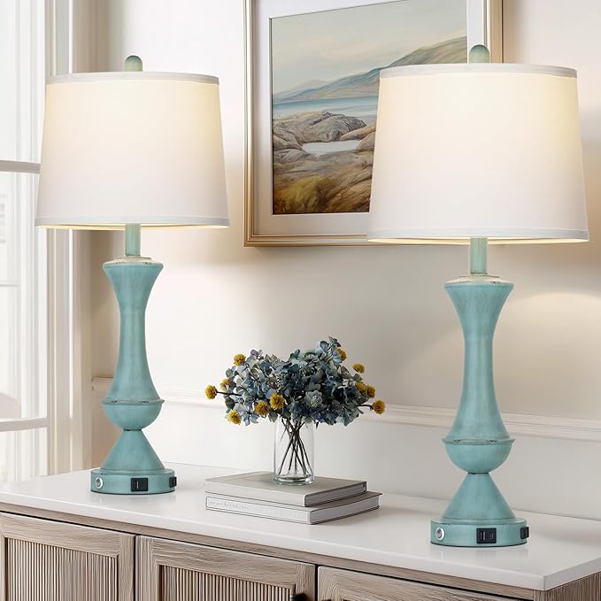 29" Tall Blue Table Lamps Set of 2 for Living Room, Touch Control Bedroom Lamps for Nightstand, 3-Way Dimmable Bedside Lamp with USB A+C Port &AC Outlets(2 LED Bulbs Included)
