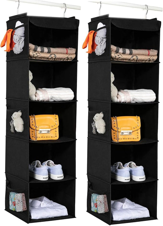 2 Pack Hanging Closet Organizer, 5 Shelves Hanging Storage with 6 Side Pockets for Clothes Shoes, 43"x12"x12"(Black)