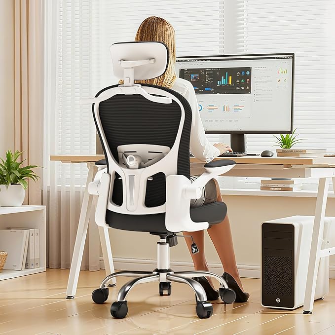 Ergonomic Computer Office Chair - Adjustable Lumbar Support, Headrest, High Back Mesh Desk Chair for Office and Home, 90-120° Reclining Task Chair with Flip-Up Arms (Black)