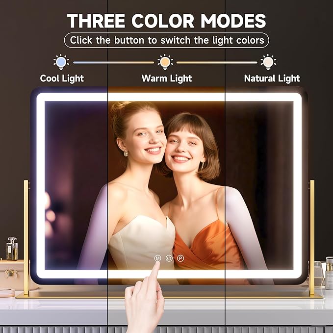 Hasipu Vanity Mirror with Lights, 24" x 18" LED Makeup Mirror, Light up Mirror with 5X Magnification and Phone Holder, USB Charging Port, Smart Touch 3 Colors Dimmable, 360° Rotation (Gold)