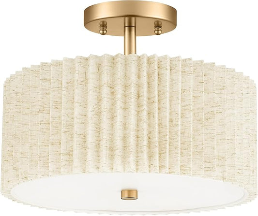 Gold Semi Flush Mount Ceiling Lights, 3-Light 12.5" Light Fixtures Ceiling Mount with Pleated Linen Fabric Shade, Drum Lighting Fixture for Hallway Nursery Bedroom Kitchen, AD-25036-3SF-GD-B