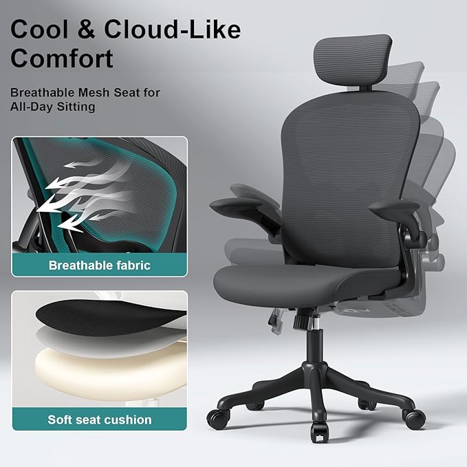 Mesh Office Chair with Adjustable Lumbar Support and Headrest, Ergonomic High Back Task Chair for Home Office, Flip-Up Arms 90-120° Tilt Lock Rolling Swivel Work Chairs (White-Black6065)