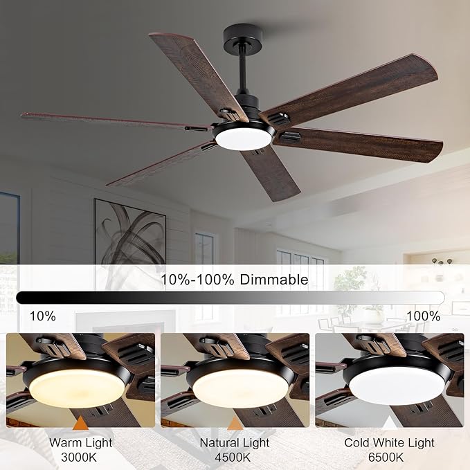 BOOMJOY 60 Inch Black Outdoor Ceiling Fans with Lights and Remote, Dimmable 6 Blade Large Outdoor Ceiling Fans for Patios, Black Ceiling Fan with Light for Bedroom Indoor Living Room