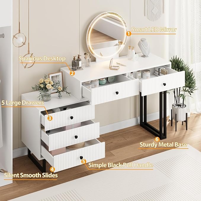 IDEALHOUSE Vanity Desk with Mirror and Lights, 49.2”H Makeup Vanity with 3 Color Lights and Adjustable Brightness, Bedroom Vanity Table with 5 Drawers, White