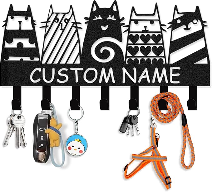Dyoart Personalized Key Holder Wall Mount - Custom Name Cat Key Holder for Wall, Black Pet Wall Art Decor, Housewarming Gifts, Key Rack Coat Rack Organizer for Storage, Living Room, Hallway