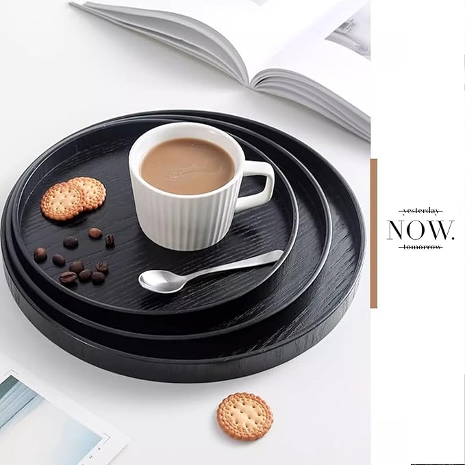 Round Wood Serving Tray, Solid Wooden Decorative Tray Non-Slip Tea Coffee Table Tray Snack Plate Food Meals Serving Tray with Raised Edges for Home Decor Kitchen Restaurant (8.2inch, Black)