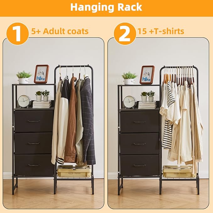 Clothes Rack with Shelves and Hanging Rod, 3 Drawers Small Coat Hanger, Reversible Clothes Rack, Black YD-TM081B