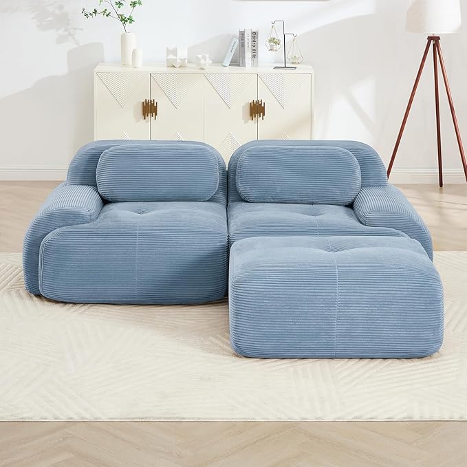 80" Modern Corduroy Boneless Love Seat Couches with 1 Ottoman, 2 Seater Large Sectional Couches for Living Room, Blue Cloud Modular Sectional Sofa, Memory Foam, Extra Deep Loveseat, No Assembly