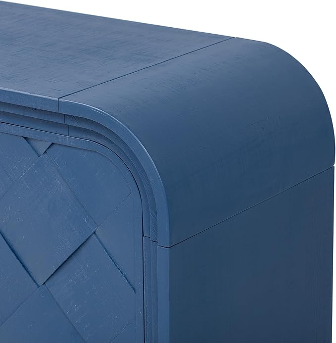 Unique Retro Curved Sideboard with 4 Handwoven Wood Slat Doors, Solid Wood Veneer Accent Entryway Console Table Storage Cabinet for Hallway Living Room Dining Room (Navy Blue-V)