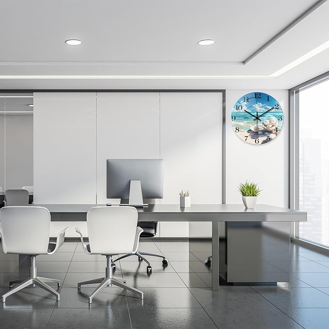 XNM Coastal Glass Clocks Battery Operated 20 Inch Blue Large Wall Clocks for Living Room Decor Round Quiet Wall Clock Modern