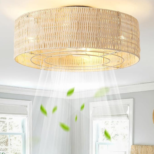 Caged Ceiling Fans with Lights Flush Mount, 20" Fabric Boho Ceiling Fan with Light Remote Control, Enclosed with 6 Speeds for Bedroom, Nursery, Living Room (Beige)