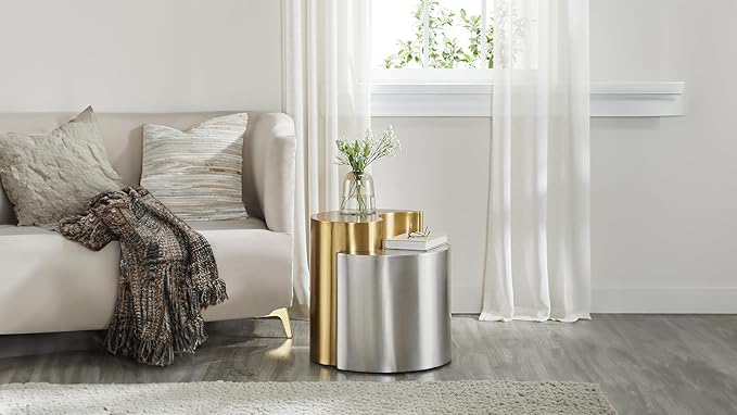 Modern Contemporary Luxury Ying-Yang 20" Height End Table Set, Sculptural Design with Aluminum Frame for Living Room, Entryway, Home & Office, Gold & Silver Dual Tone End Table