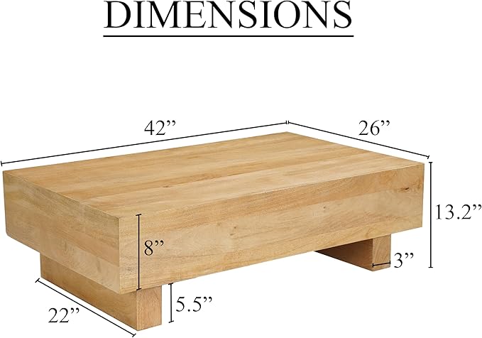 TUP THE URBAN PORT Elias Coffee Table | 42" Rectangular Top | Sandblasted Natural Brown Mango Wood | Wood Sustainably Harvested