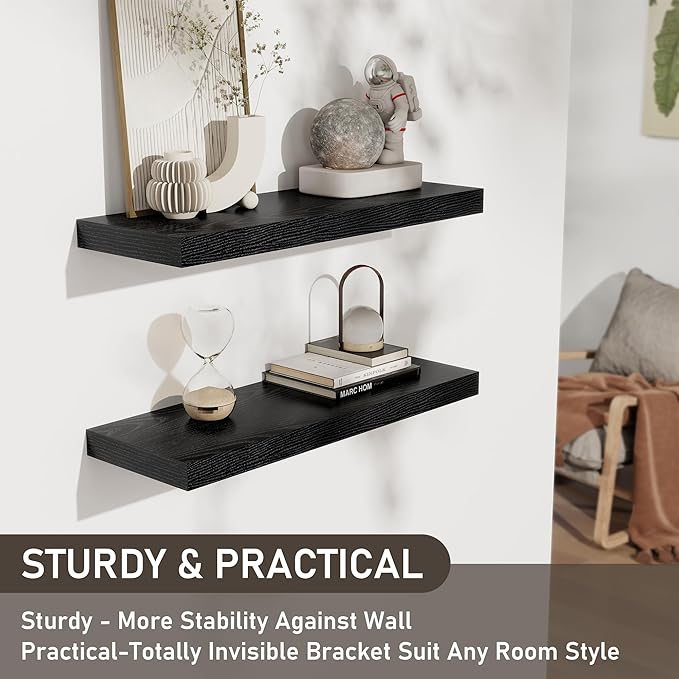 Fun Memories Black Floating Shelves for Wall Set of 2, 28" Black Floating Shelves for Home Decor, Rustic Wood Wall Mounted Shelf, Hanging Deep Shelf for Living Room, Bedroom, Bathroom, Kitchen