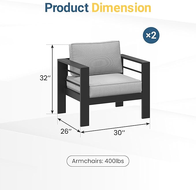 Wisteria Lane Patio Furniture Metal Armchair Set of 2, Metal Outdoor Chairs with Upgraded Cushions, All-Weather Outdoor Single Sofa for Balcony, Garden, Deck, Backyard, Light Grey