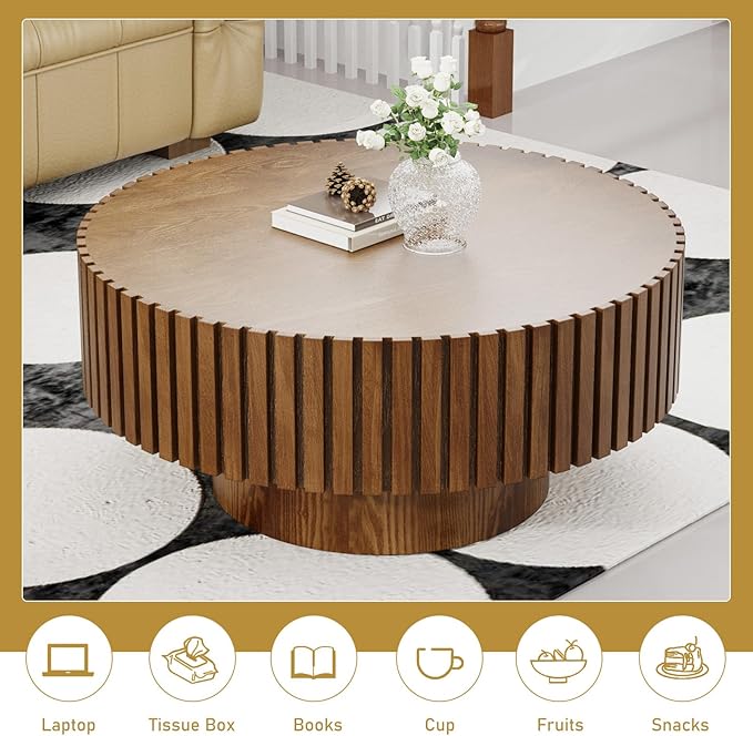 Round Drum Coffee Table 31.5" Wooden Coffee Tables Handcrafted Fluted Drum Coffee Table Modern Luxury Circle Center Table Vintage Farmhouse Center Table for Living Room (Round Dark Brown)
