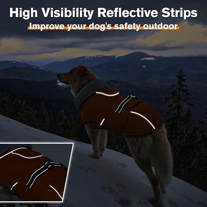 Lelepet Warm Dog Coat Reflective Fleece Vest Waterproof Dog Jacket with Adjustable Buckle Hook & Loop Windproof Cold Weather Coats for Small Medium Large Dogs, Orange, XXXL