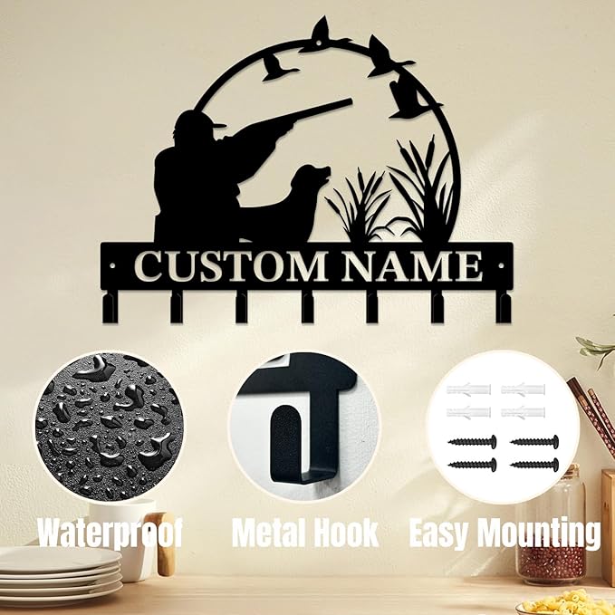 Personalized Custom Name Hunting Deer Wall Key Hooks,Metal Hunting Art Clothes Hooks,Metal Hunting Wall Home Storage Decorative,Hunter For Front Door, Hallway, Kitchen, Bedroom,Keys,Hats (Style A)