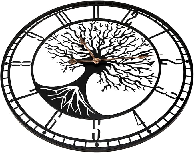 Tree of Life Wall Clock, 24Inch Metal Black Family Tree Oversized Wall Clocks for Living Room Bedroom Home Decor, Modern Silent Mid-Century Battery Operated
