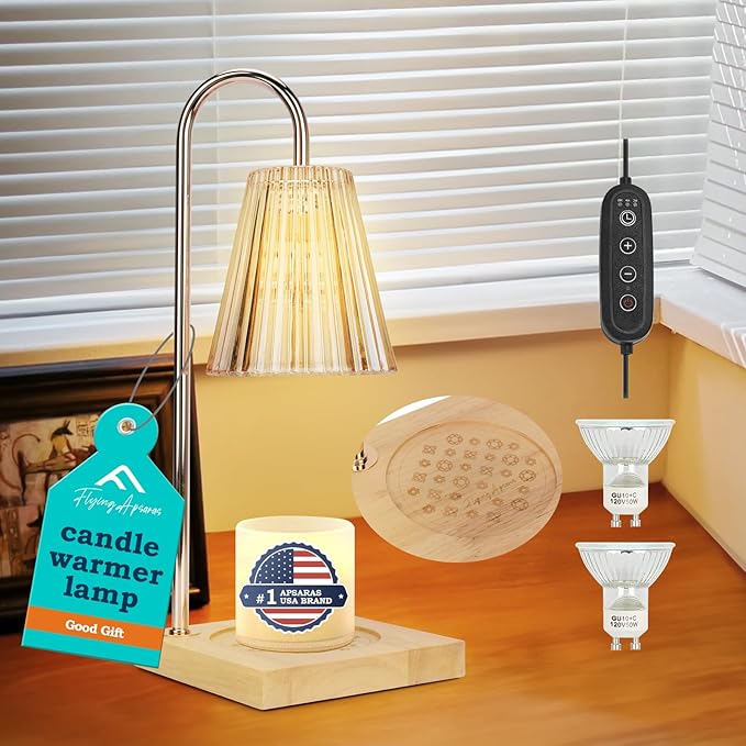 APSARAS USA Candle Warmer Lamp with Timer, Candle Warmer,Dimmable, Home Decor,Wax Warmer Lamp for Jar Candles with 2 Bulbs and Life Flower Wooden Base,Gift Box for Her/Him (TD1246)