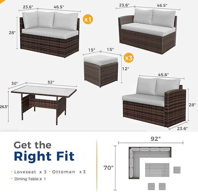 Wisteria Lane 7 Piece Patio Furniture Set, High Curved Back Wicker Outdoor Sectional with Dining Table, All Weather Wicker Outdoor Dining Set, Patio Conversation Set with Ottoman, Grey