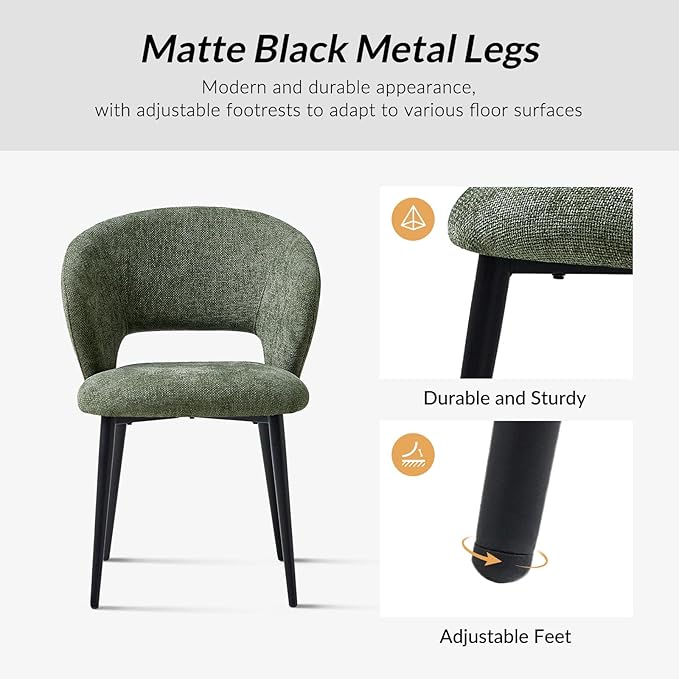 Contemporary Dining Chairs with Armrests – Ergonomic Soft-Padded Seat, Curved Backrest, Matte Black Metal Legs, Comfortable Kitchen & Dining Room Chairs, Set of 2
