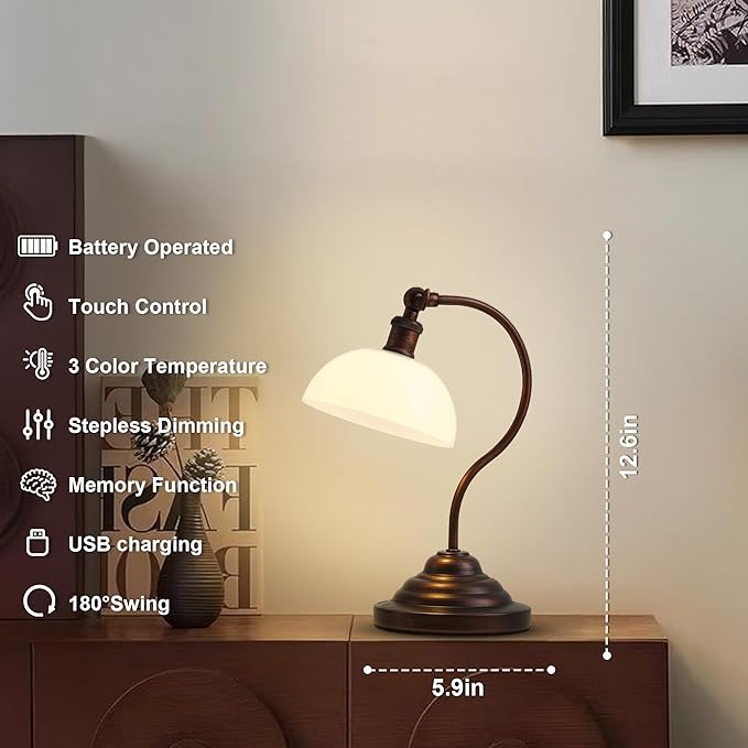 Cordless LED Table Lamp Set of Two, Swing Arm Desk Lamp, Rechargeable, Dimmable/3 Color/Memory Function, Modern Rechargeable Table Light for Living Room,Bedroom,Bedside, Oil Rubbed Bronze