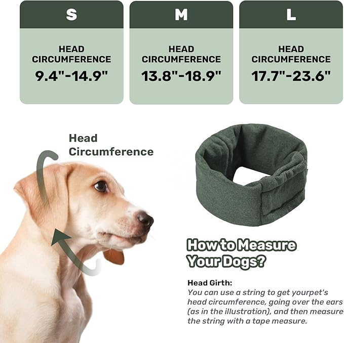 Dog Calming Hoodie, No Shake Ear Wraps for Dogs, Adjustable Dog Ear Muffs for Noise Protection, Ear Wrap Head Cover for Anxiety Relief & Hematoma (Olive Green, M(Head Circle:13.8"-18.9"))