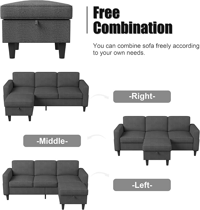 ZeeFu Couch for Living Room - 78'' Beige Linen 3 Seat L-Shaped Sectional Sofa Couches with Storage Ottoman - Modern Small Space Upholstered Furniture Sofa Set for Office Small Space Apartment Bedroom