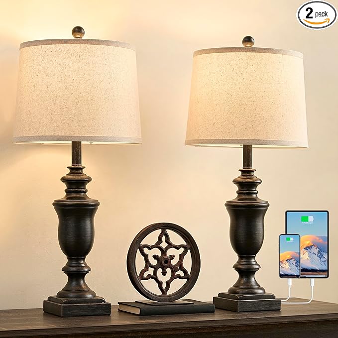 27.5" Vintage Farmhouse Table Lamps Set of 2 Bedside Lamp, 3 Way Dimmable Bedroom Lamps with 2 USB Ports +AC Outlet Nightstand Lamp Rustic Lamp (Rotary-Antique Black)