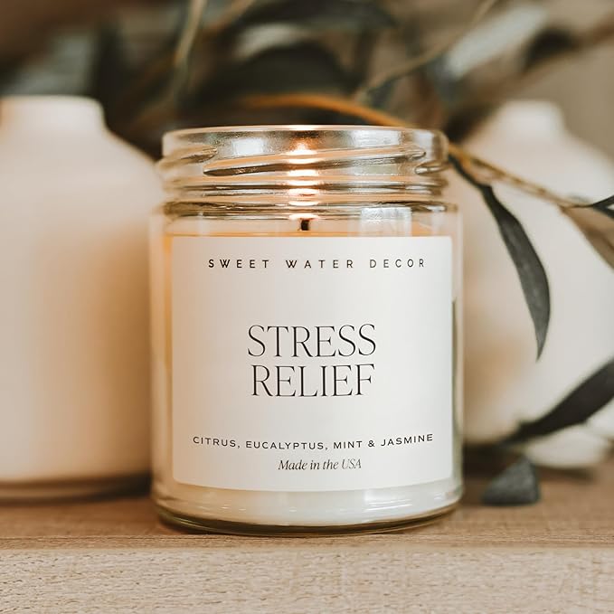Sweet Water Decor Stress Relief Soy Candle - Lemon, Eucalyptus, Mint, Jasmine Scented Relaxing Candles for Home - 9oz Clear Jar + Gold Lid, 40+ Hour Burn Time, Made in The USA