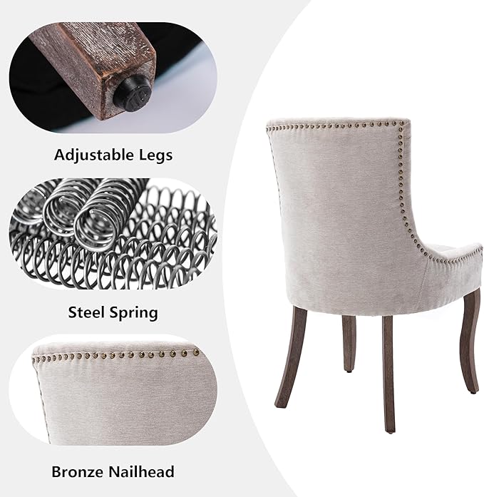 Farmhouse Dining Chairs Set of 2, Upholstered Fabric Dining Room Accent Chairs with Wood Legs & Bronze Nailhead, High Wingback Kitchen Chairs for Living Room Hotel Apartment, Beige