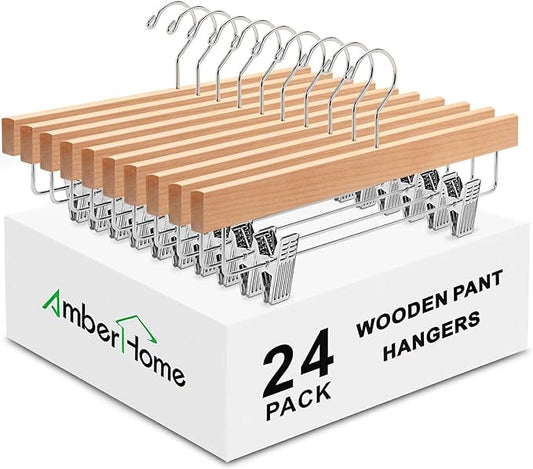 Amber Home 24 Pack Natural Wooden Pants Hangers with Clips, Wood Skirt Hangers Trouser Hangers for Jeans, Slacks, Shorts with 2-Adjustable Clips