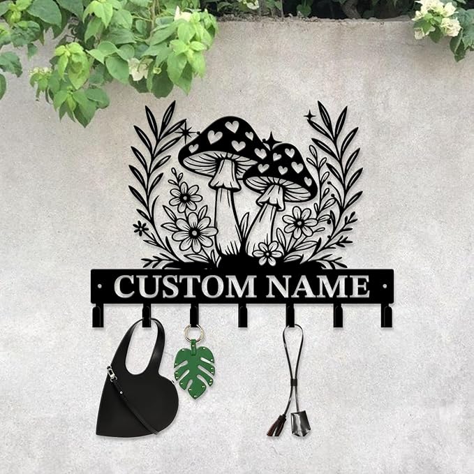 Customized Keys Holder - Personalized Mushroom Wonderland Key Hooks Wall Metal Sign Decor,Wall Holder,Door Hook (Style D)