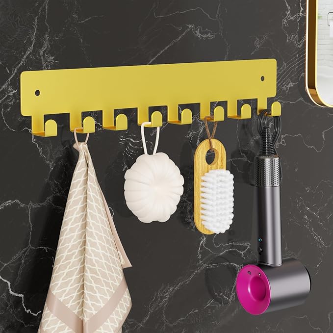 pickpiff Key Holder Wall Mount, Adhesive Key Rack with 8 Hooks Hanger for Car Key Ring, Metal Key Chain Organizer, Gold 1 Pack