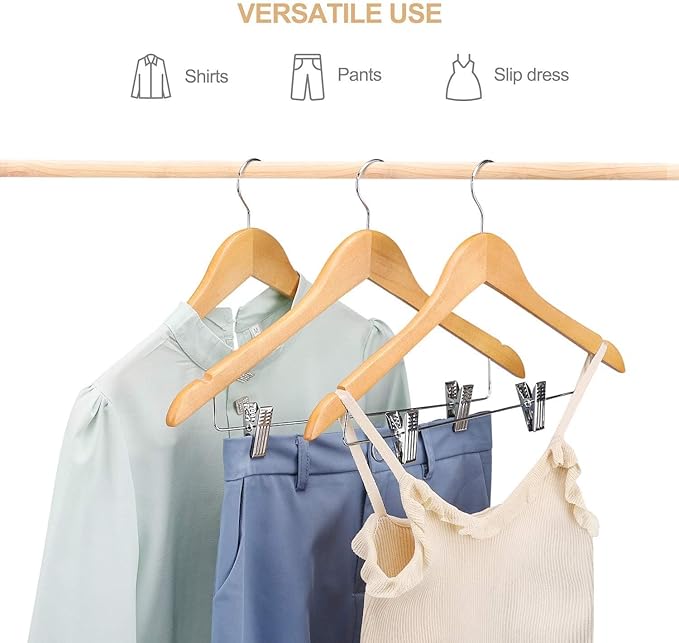 HOUSE DAY Wooden Hangers with Clips 48 Pack,Wooden Suit Hangers Skirt Hangers Solid Wood Pants Hangers Natural Smooth Finish Wood Hangers with Durable Metal Clips for Blouse, Dress, Coat, Jacket