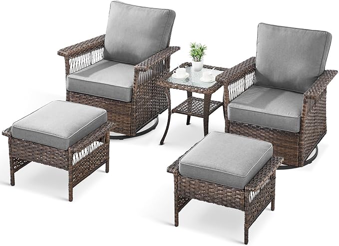 5 Pieces Wicker Patio Furniture Set - Hollow Widen Armrests Outdoor Swivel Glider Chairs with Side Table & Ottomans, Small Patio Conversation Set for Balcony Porch Deck and Yard - Brown/Gray
