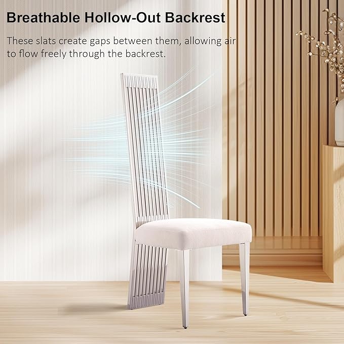 Dining Chairs Set of 12, Boucle Upholstered Modern Dining Chair, Elegant White and Silver Dining Room Chair with Polished Silver Stainless Steel Legs and Backrest for Kitchen Restaurant