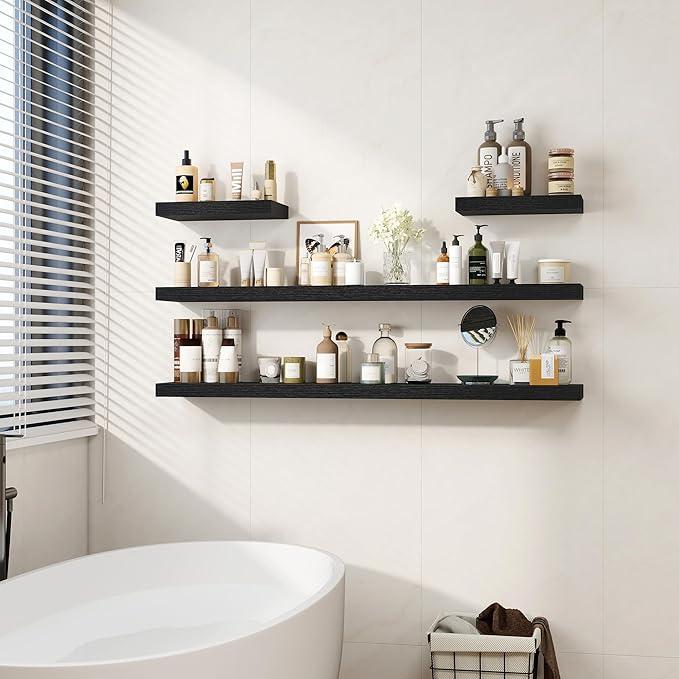 Fun Memories 55 Inch Floating Shelves for Wall, Fireplace Mantel Shelf with Invisible Heavy Duty Bracket, 8 Inch Deep Storage Shelf for Living Room, Kitchen, Farmhouse, Black (2-Pack)