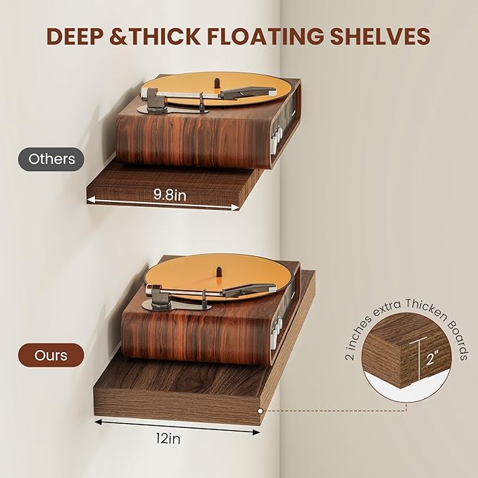 Vivelove 12 Inch Deep Floating Shelves for Wall, 24" X 12" X 2" Floating Shelf, 2 Inch Thick Shelf for Bathroom Bedroom Kitchen Book Room, Modern Farmhouse Decor Set of 2, Walnut