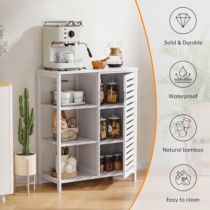 HITNET Bathroom Cabinet Freestanding, Bamboo Floor Cabinet, Side Storage Organizer with Door and 3 Shelves, Living Room Kitchen Cupboard, White