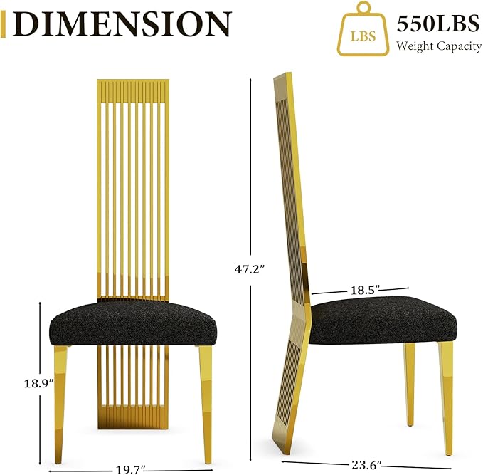 Dining Chairs Set of 4, Black Upholstered Dining Room Chairs with Mirrored Gold Metal Legs and High Back