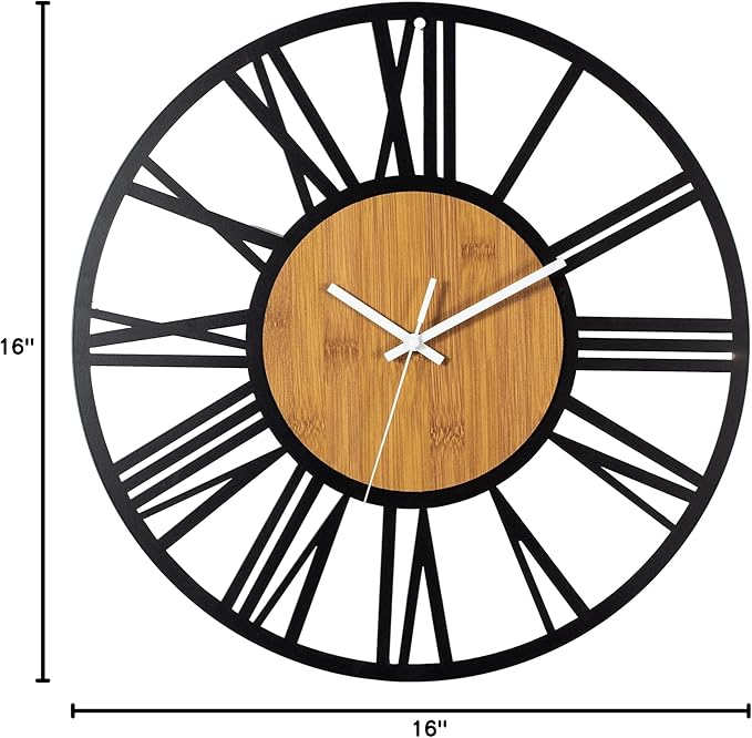 1st owned Wall Clocks for Living Room Decor,16" Vintage,Round Silent Non Ticking,Black Metal,Modern Wood Clocks for Home Bedroom,Kitchen,Garden,Office,Cafe,Modern Wall Decoration -Roman Numerals