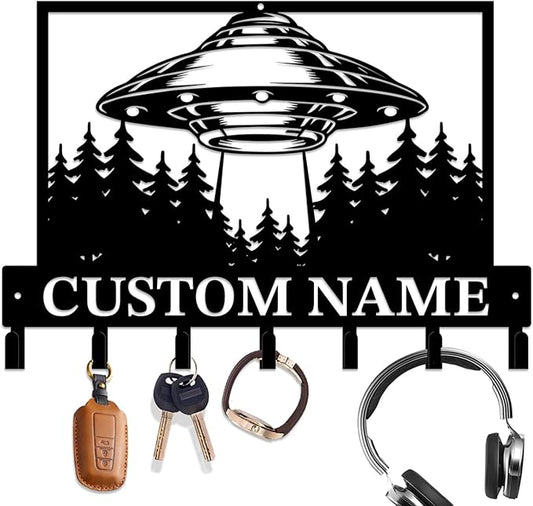 Personalized Custom Alien UFO Metal Wall Keys Hooks,Clothes Hooks Alien ET Art Coat Racks,Door Holder,Black Alien UFO Decorations for Home,Entrance Doors,Hallway, Bedroom,Keys,Hats (Style G)