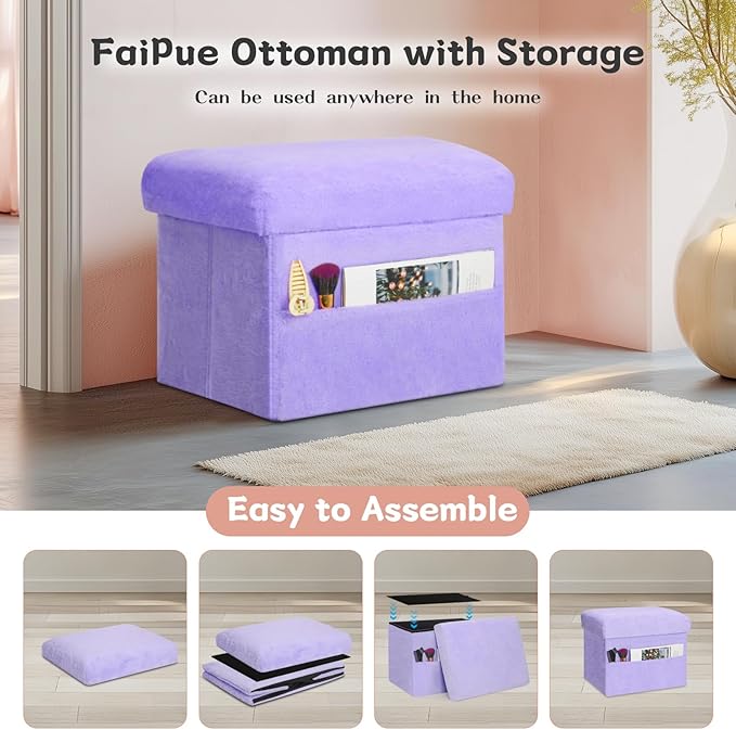 Small Ottoman with Storage, Folding Soft Fur Storage Foot Rest Stool with Thicker Furry Padded Seat. Ottoman Bench for Bedroom Living Room, Holds Up to 300 lbs, 17x13x13IN (Purple)