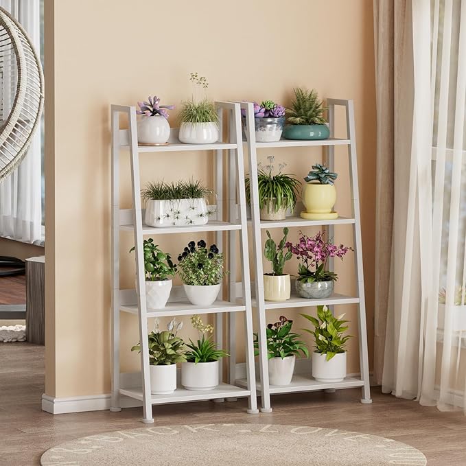 Furologee 4-Tier White Ladder Shelf, Ladder Bookshelf with Removable Drawer, Bookcase Storage Rack Organizer, Freestanding Storage Shelves for Living Room, Home Office, Bedroom