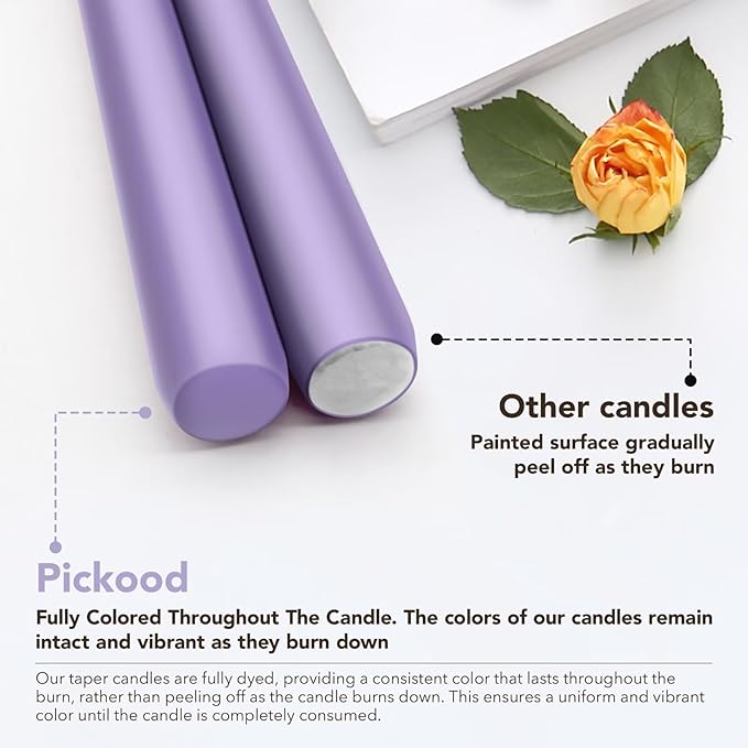 New Burning Formula Unscented Dripless 10-Inch Taper Candles Set of 12 - Lavender, for Wedding, Dinner - Smokeless, Long Burning - Hand Poured, Colored Tall Candlesticks - Lavanda